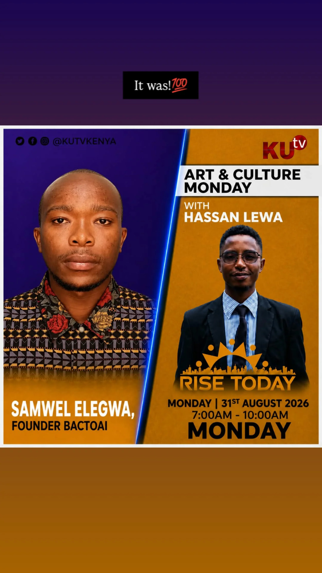 Samwel Elegwa, Founder of BactoAI, featured on KUTV Kenya Art & Culture Monday