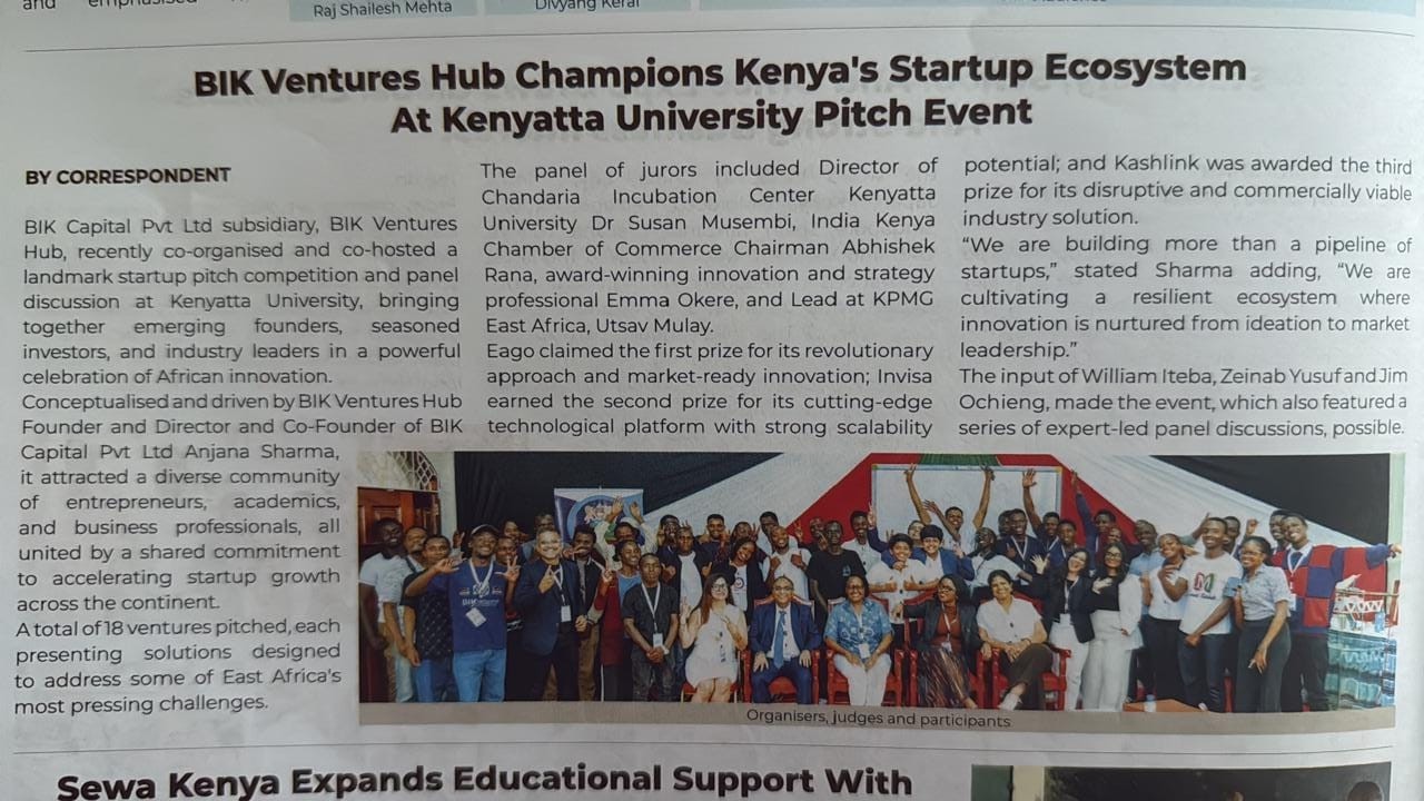 Newspaper coverage of the BIK Ventures Hub startup pitch event at Kenyatta University